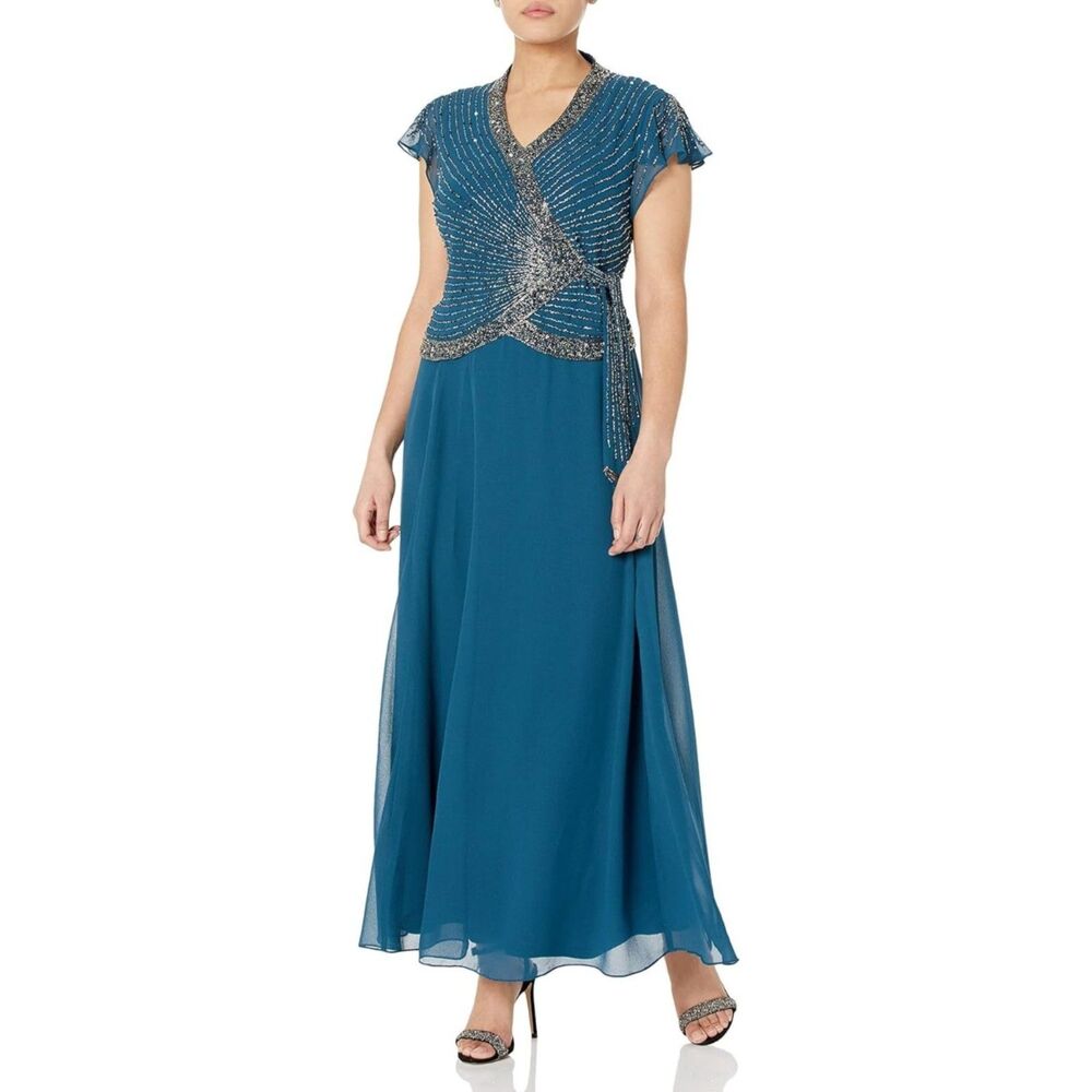 J Kara Women's Petite Faux Wrap Long Dress W/Flutter Sleeve, Teal/Multi, 12P